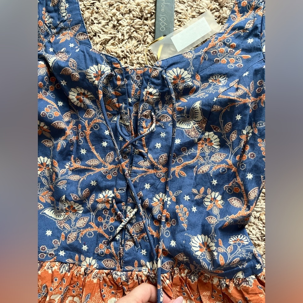House of Harlow 1960 Nastassia blue and orange floral billowy puff sleeve - Picture 9 of 16